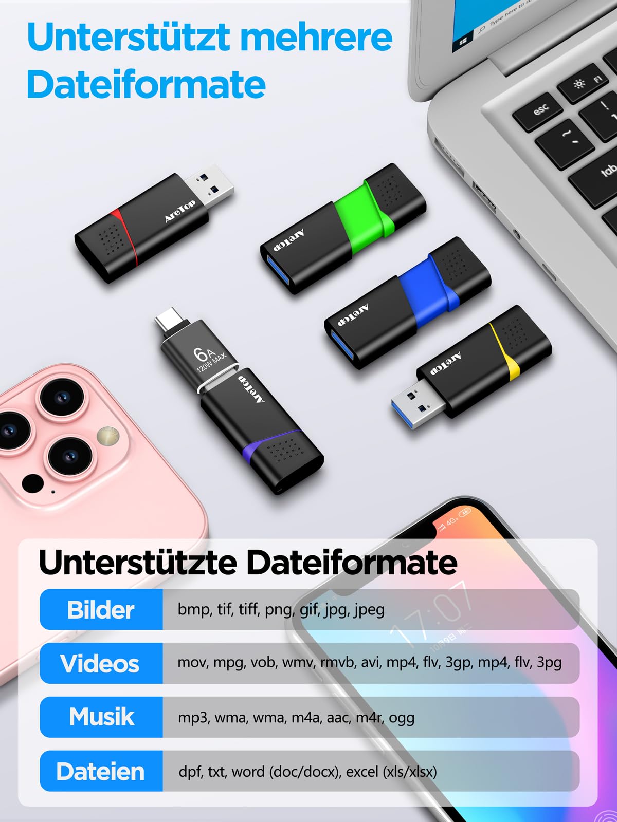AreTop Chiavetta USB 3.0, 64 GB, 5 pezzi, con 1 adattatore USB-C, 5 colori | USB 3.0 fino a 100 MB/s, compatibile con PC/laptop/auto/console di gioco