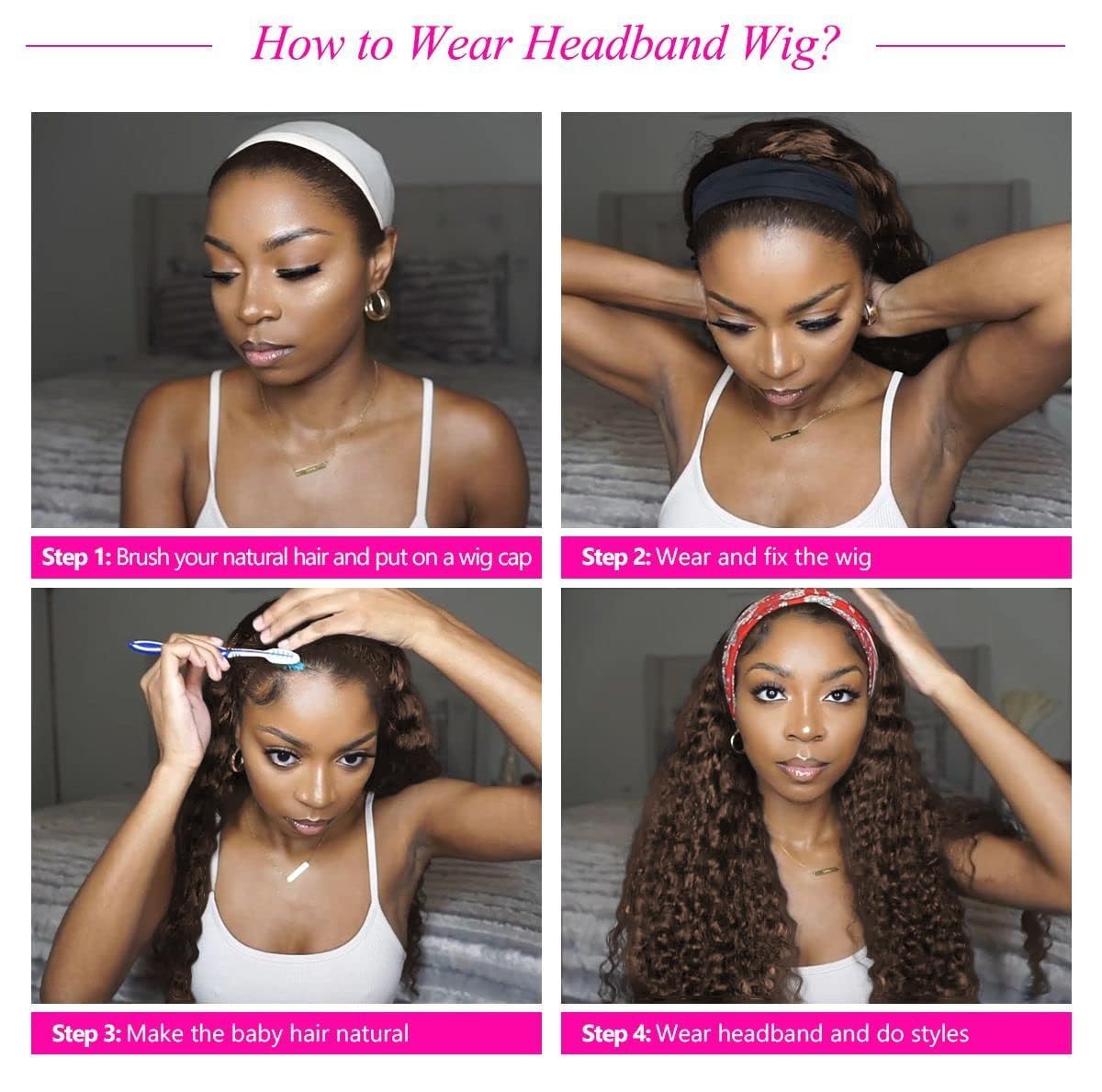 Chocolate Brown Deep Wave Headband Wig Human Hair #4 Colored Curly Headband Wigs for Black Women Human Hair Glueless None Lace Front Wigs Brazilian Virgin Hair Wig Machine Made 150% Density 10 Inch