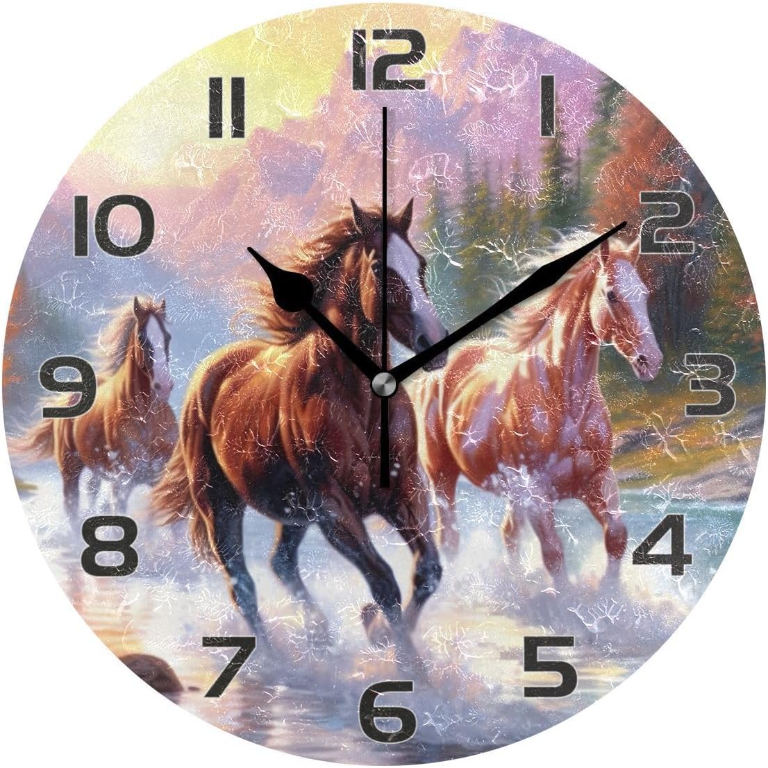 Nander Running Horses Non Ticking Round Wall Clock Battery Operated Oil Painting Home Office School Decor Dual Use Art Clock 9.45 Inch