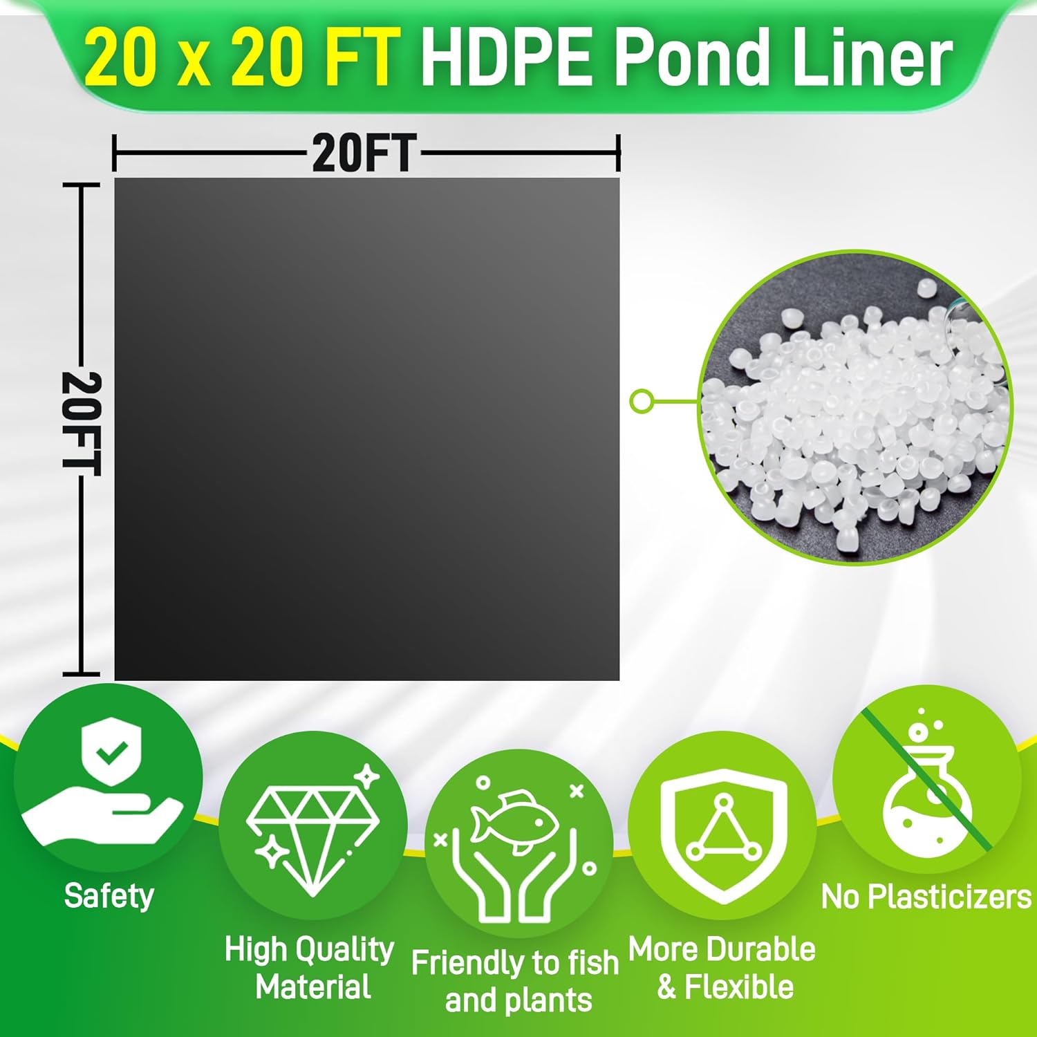Pond Liner 20 x 20 Ft, HDPE Durable Pond Liners for Outdoor Ponds, Pond Liners for Fish, Koi, Water Garden, Waterfall, Fountain