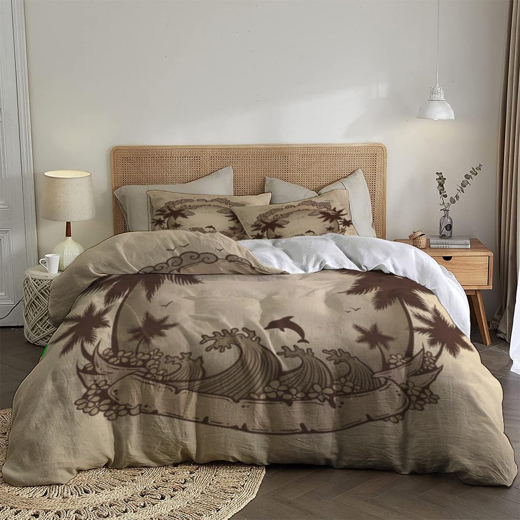 NIBAINLO 布団カバーヤシの木、雲、ビーチ、イルカの夏のテーマ 肌に優しい ピーチスキン加工 掛け布団カバー 和式 洋式 あったか 布団カバーセット リバーシブル ホームステイ ホテル 家庭兼用
