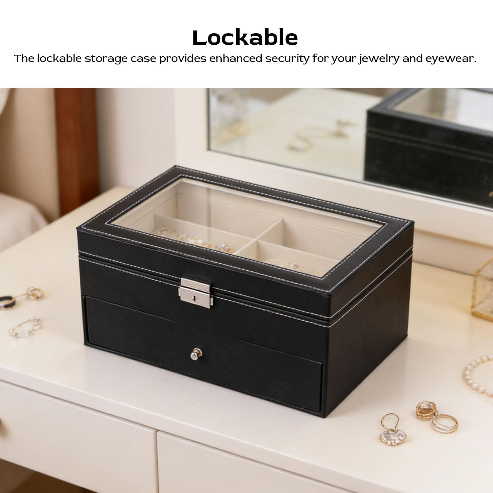 Sonnenbrillen-Vitrine aus PU-Leder, Eleganter Verschließbarer Organizer für Brillen- und Schmuckaufbewahrung mit 12 Fächern
