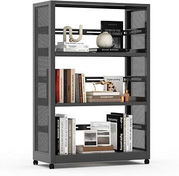 3-Tier Metal Bookcase with Wheels,42" Black Display Bookshelf with Adjustable Shelves,CD Storage Racks,Morden Design for Living Room,Office,Library Room