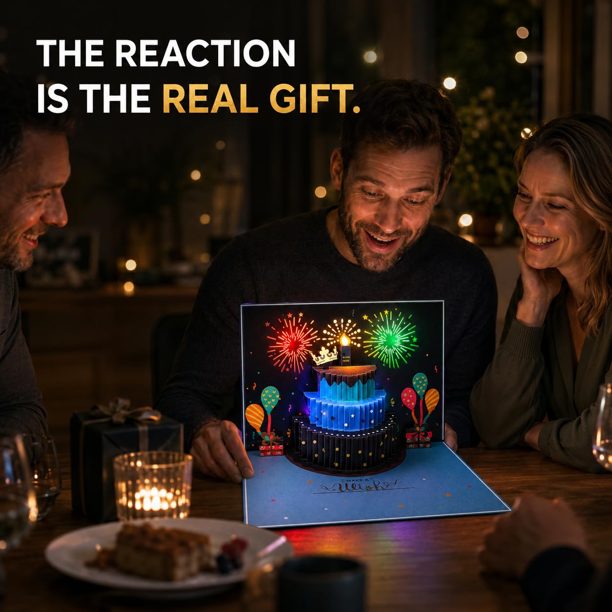 3D Pop Up Geburtstagskarte für Männer - LED-Lichter, Blaskerze für Applaus, kühnes und schlankes Design