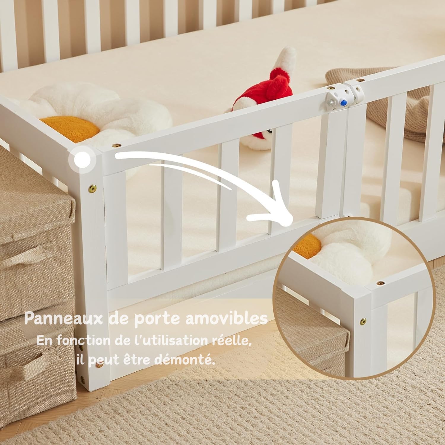LALAHO Montessori Lit d'enfant Lit au Sol 90x190 cm - Bois Massif avec Porte et Barrière Sécurisée - 12 Lattes Renforcées, Garde-Corps Intégré - pour Enfants (Blanc)