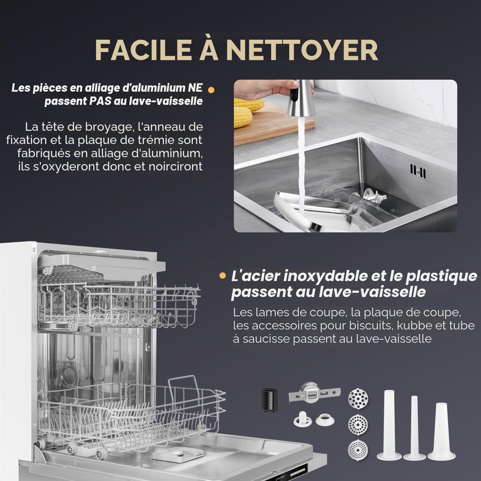 Hanchen Hachoir a Viande Electrique 6en1 avec Tube à Saucisse, 3 Plaques de Ponçage en Acier Inoxydable (3,5,7mm), Accessoires pour Biscuits, Annexe Kubbe, Presse-Tomates,Rapeuse Legume Electrique