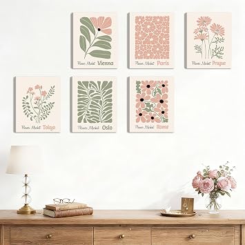 ANHUIB 6 Pcs Boho Flower Market Framed Canvas Wall Art Set Matisse Floral Wall Decor Abstract Botanical Wall Painting Nature Floral Illustration Art Prints for Living Room Bedroom Office Decor 20×25cm