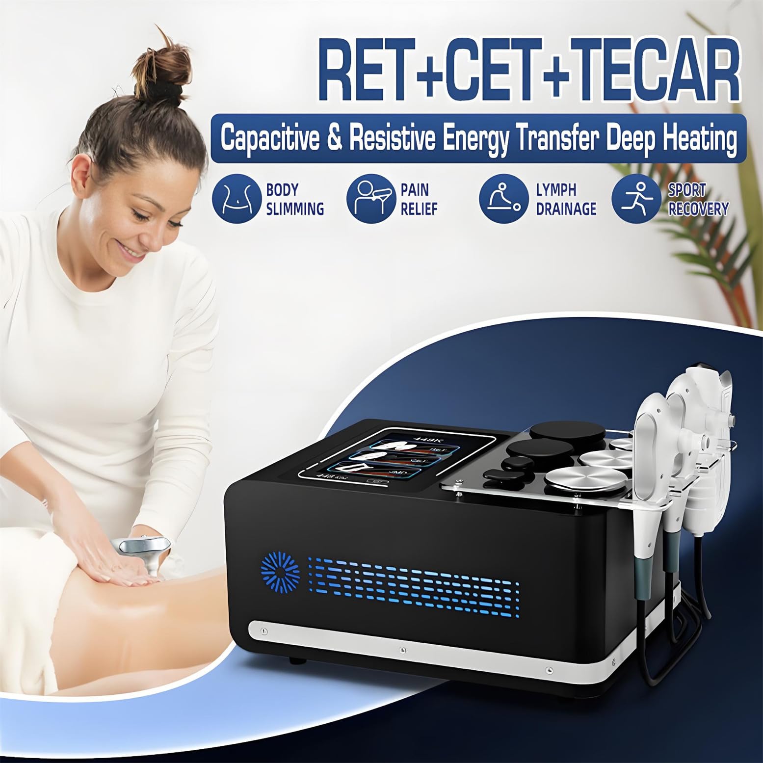 Máquina de radiofrecuencia Profesional 8 en 1 con 3 Mangos y 1 Placa Negativa, para rejuvenecimiento Facial y Contorno Corporal, 448 kHz, reafirmación de la Piel y pérdida de Grasa Black