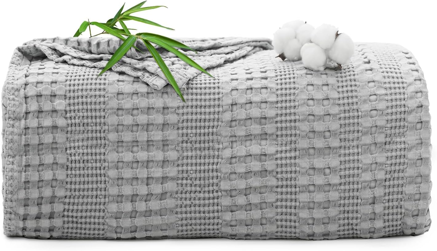 Cotton Waffle Weave Throw Blanket for Couch - Lightweight Spring Summer Throw Blankets of Rayon Derived from Bamboo for Hot Sleepers, Grey Throws for Women, 50x60 Inches