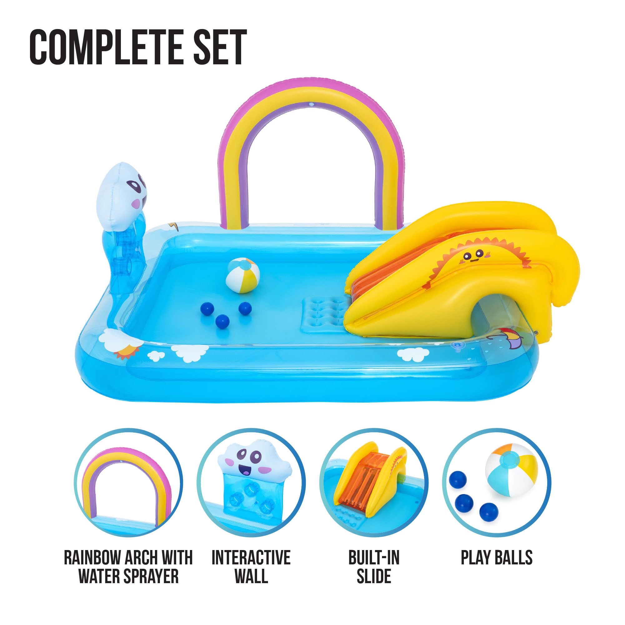 Bestway Wasserspielcenter Regenbogen 188x150x89 cm – Aufblasbarer Kinderpool mit Wasserrutsche & Sprinkler, Planschbecken 189 L, Robustes PVC, ab 2 Jahren, für 3 Kinder Sommer Garten