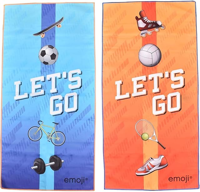 2 x Emoji Beach & Sports Lightweight Fast Dry Microfibre Towel for Gym, Pool, Travel & Yoga (Blue-Orange)