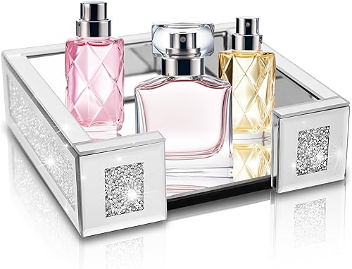 Bandeja de perfume plateada, bandeja de espejo de diamante, organizador de joyas moderno de sensación premium, adecuado para encimera de baño,