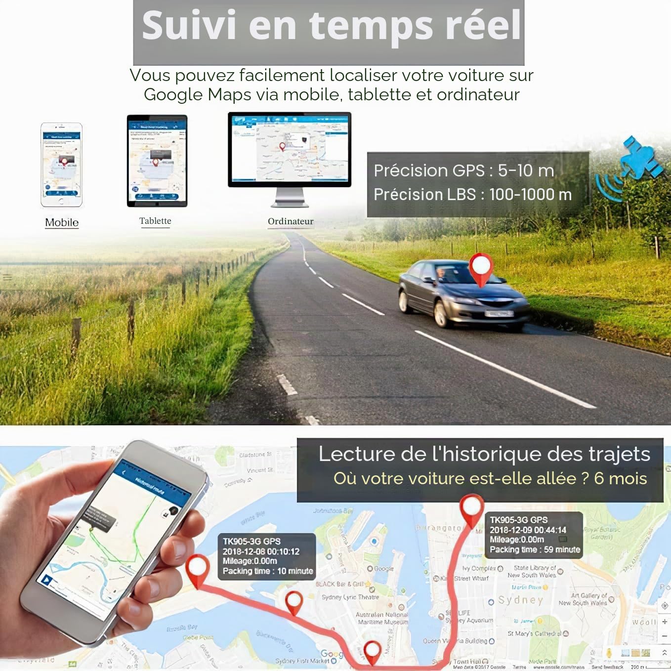 Mini Traceur GPS Voiture Winnes TK913 Tracker Magnétique Traqueur avec Alarme vibrante Localisateur Antivol pour Velo Camping Car Moto Enfant Valise Scooter,avec Application Compatible iOS et Android