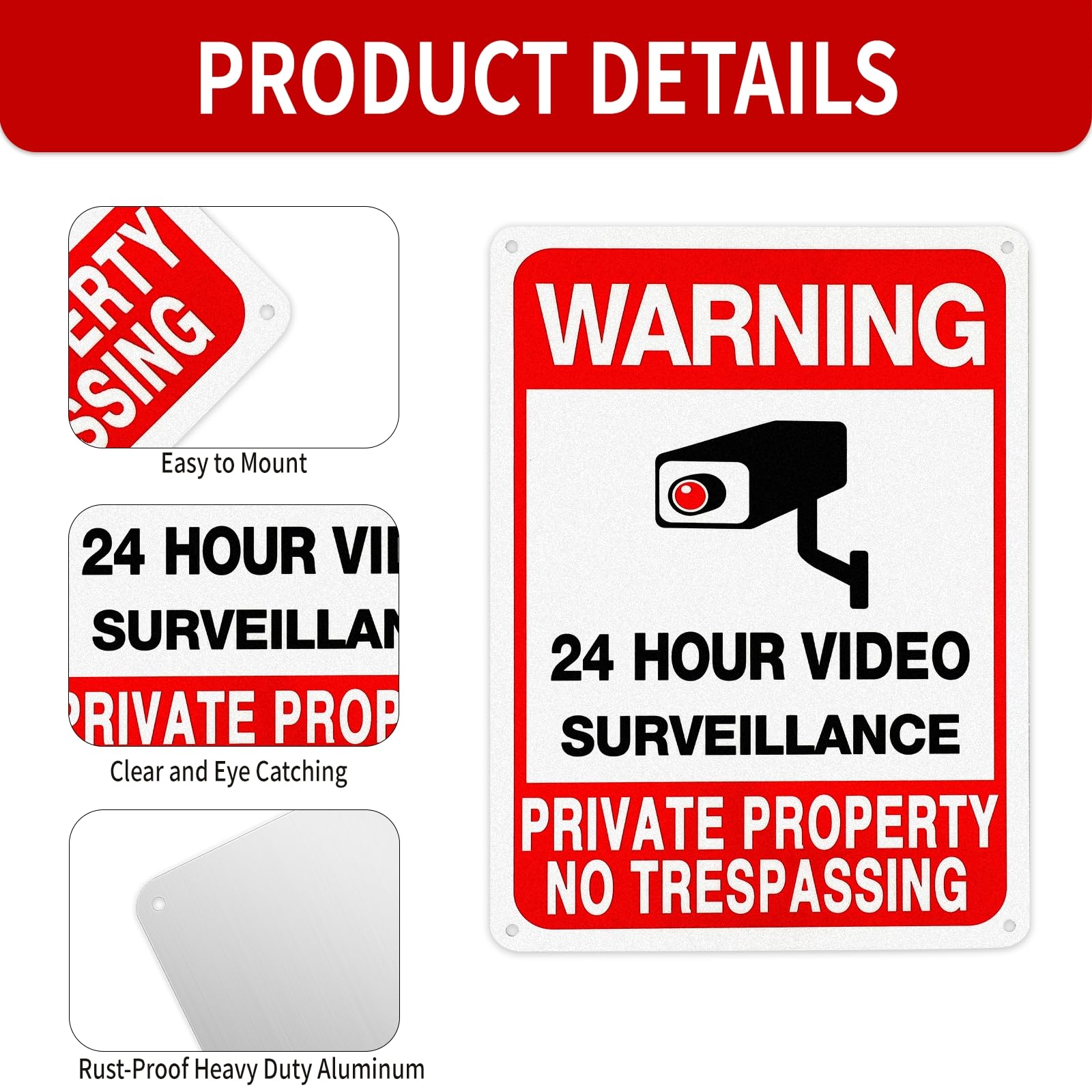 Señales de vigilancia de video sin traspasar, señales de propiedad privada, señal de advertencia, 10 x 7 pulgadas, aluminio reflectante, resistente a los rayos UV, resistente a la intemperie, tinta