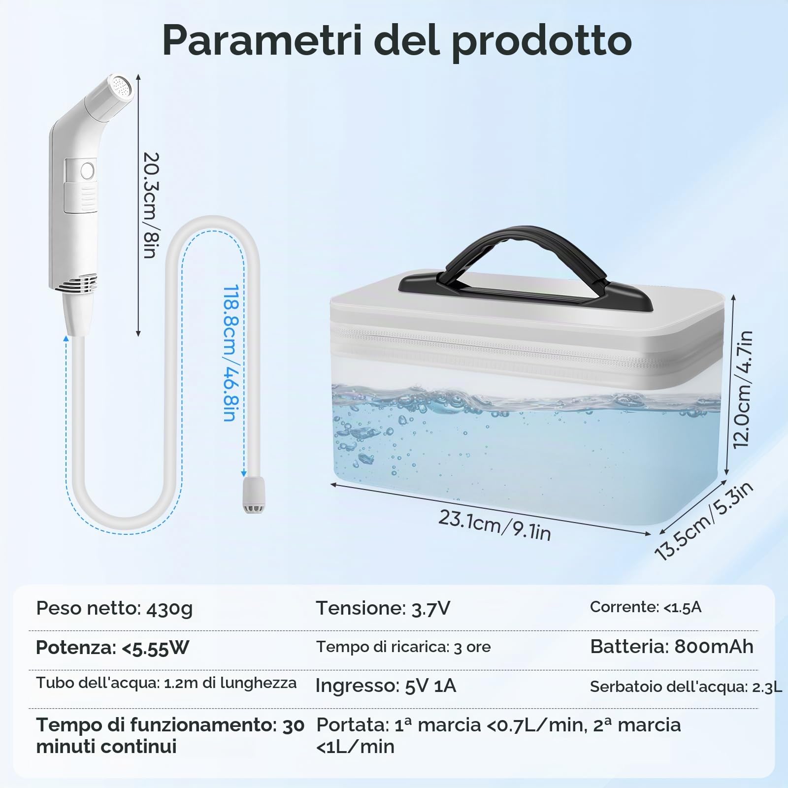 Bidet Elettrico da Viaggio 2.3L, Bidet Elettrico Mobile e Portatile con Tubo da 1.2M, Portatile per Toilette, Campeggio, Uso all'Aperto, Doccia Musulmana, Flacone Perineo a 2 Modalità, Bianco