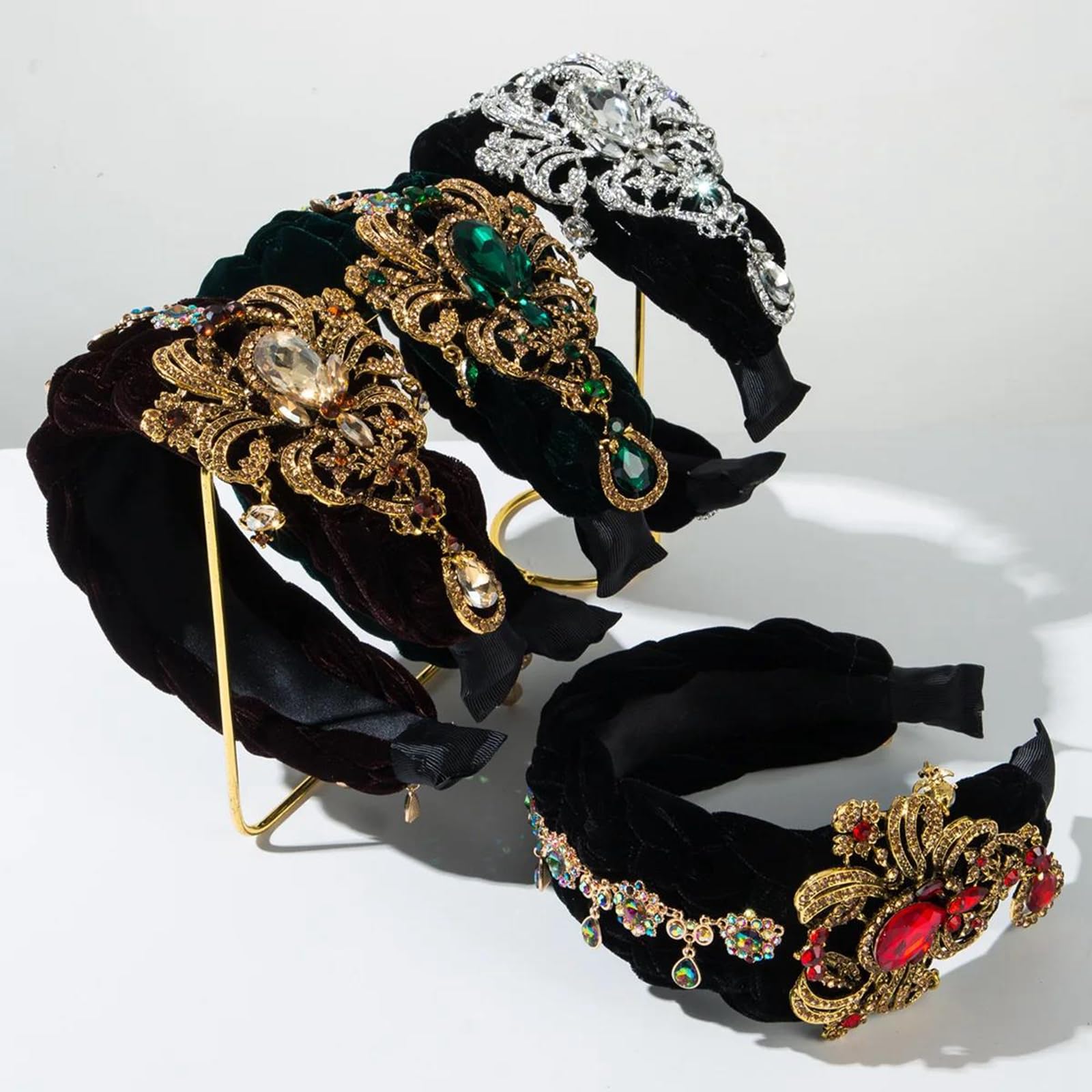 Fascia per capelli da donna retrò con strass, realizzata a mano, in stile retrò, bianca, verde e rossa.,Rosso,Taglia unica