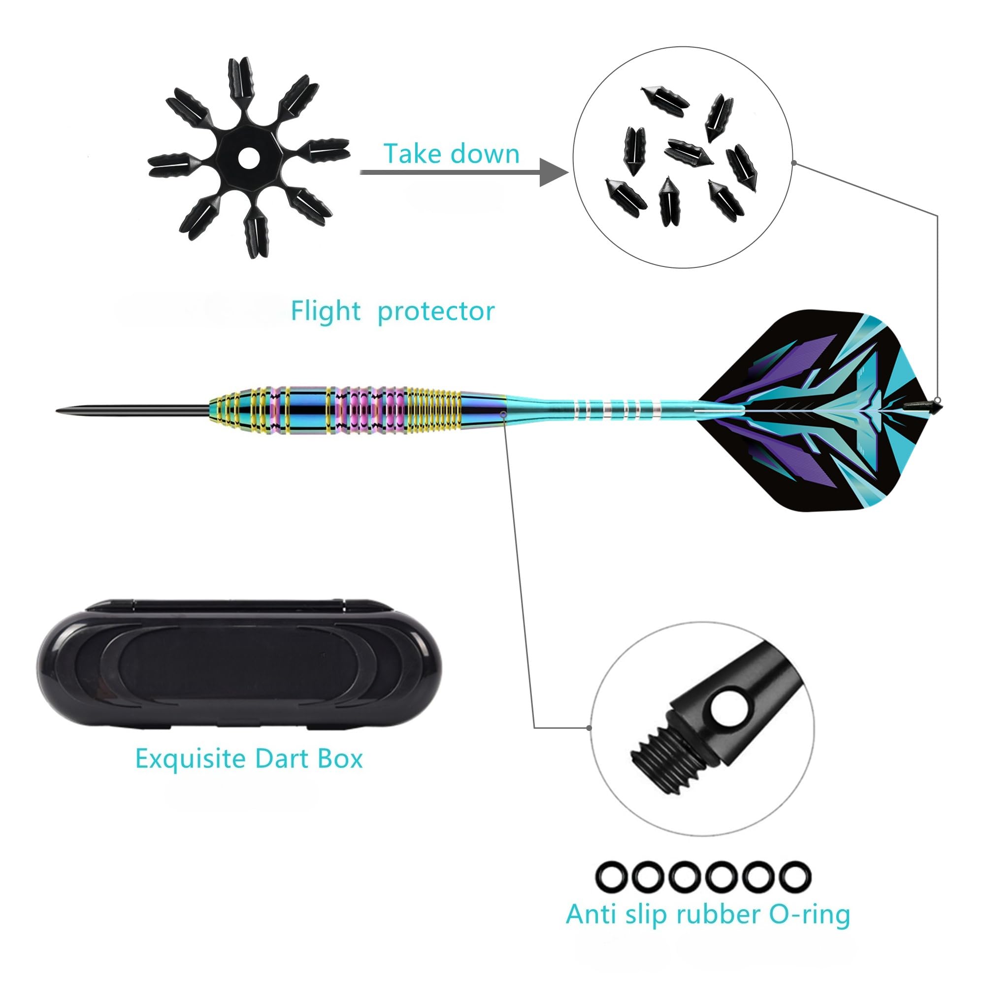 WinRoot 3 fléchettes 23g Fléchettes à Pointe Acier, Barillet Dégradé Multicolore, Tige en Aluminium Bleu, Ailettes Pet, avec Protège-Ailettes et Étui