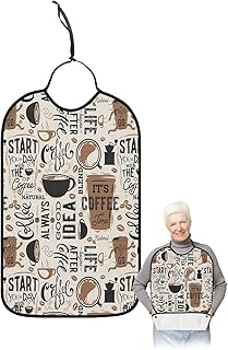 Kewadony Adult Bibs for Elderly Women - Coffee Waterproof Dining Clothing Protectors with Crumb Catcher for Eating/Feeding, Coffee Cup Bean Letter Doodle Burlap Texture Terry Cloth Bib Washable