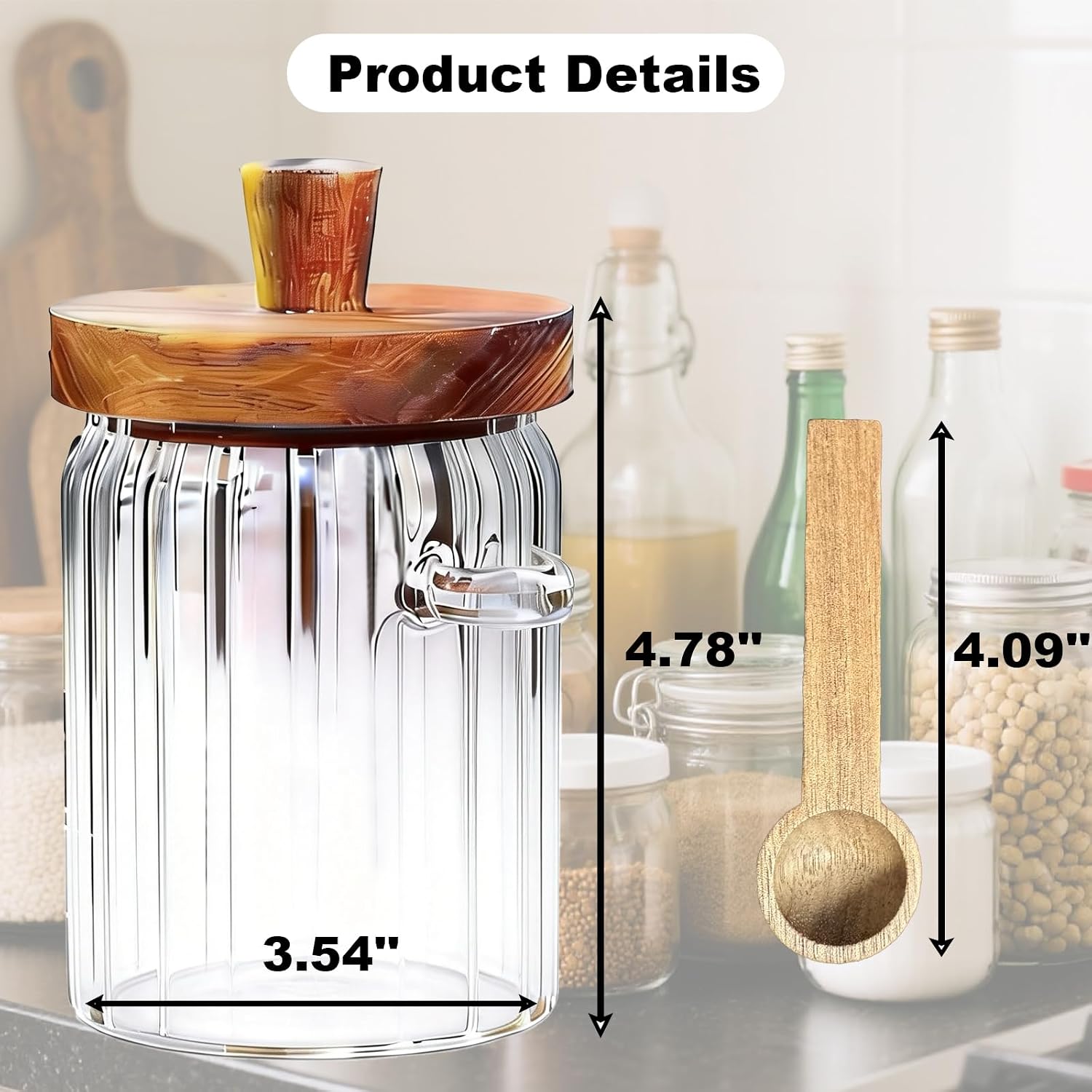 Glass Jar with Wooden Lid and Spoon, 20.3 Oz Airtight Storage Container, Coffee Canister for Coffee Grounds Beans Sugar Leaf Tea and More