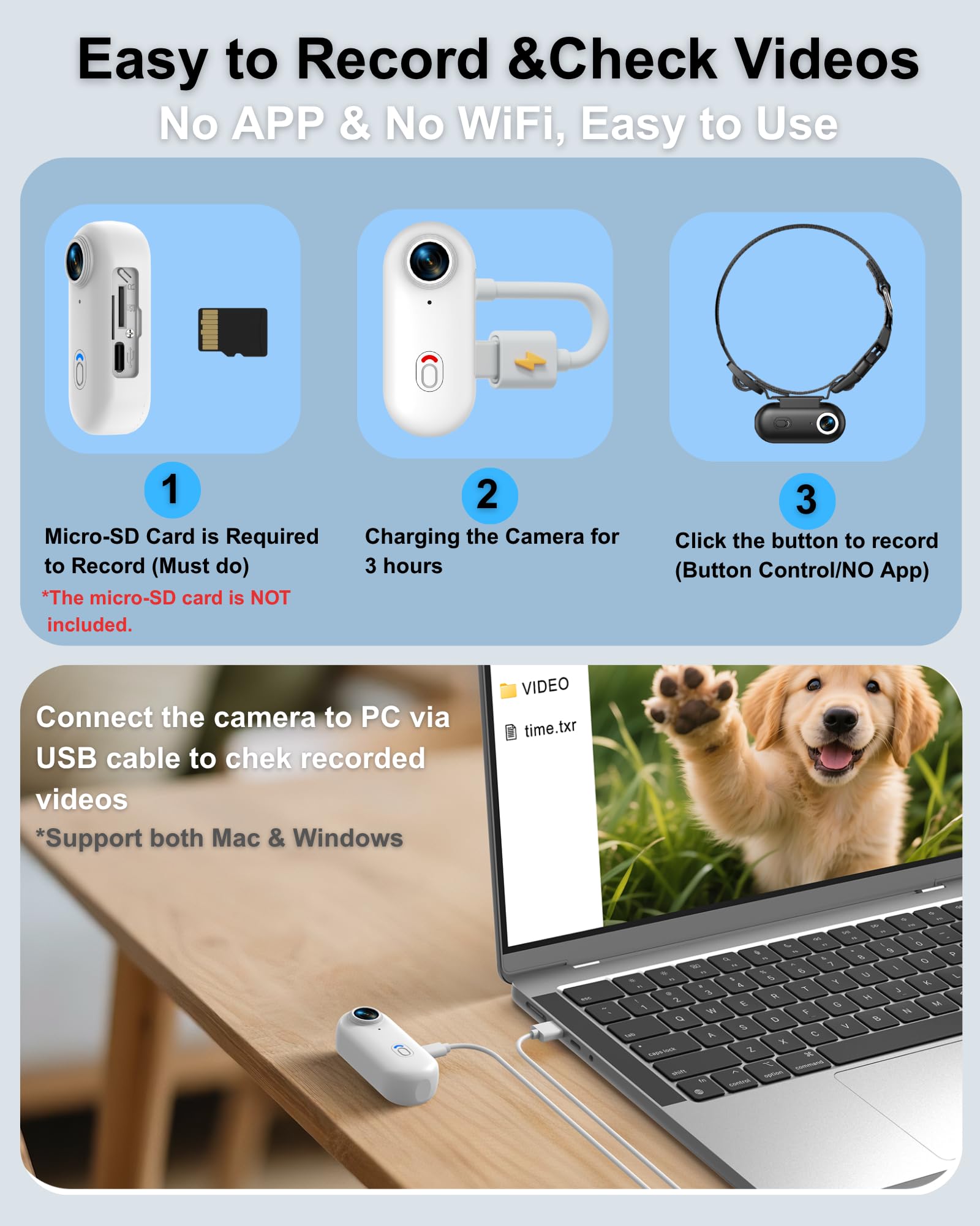 Collare per fotocamera per cani e gatti, 1080p HD registrazione video POV Cam per cani di taglia media e gatti grandi, taglia M, mini action camera ricaricabile con riproduzione USB su PC