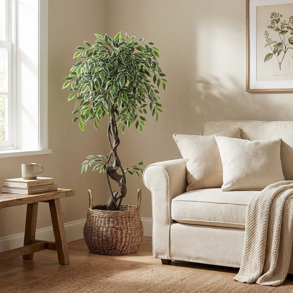 4ft Artificial Ficus Tree, Tall Fake Plants Indoor with White Planter & Pebbles, Realistic Variegated Silk Faux Tree with Natural Wood Trunk, Floor Plant for Living Room Corner, Home Office Decor