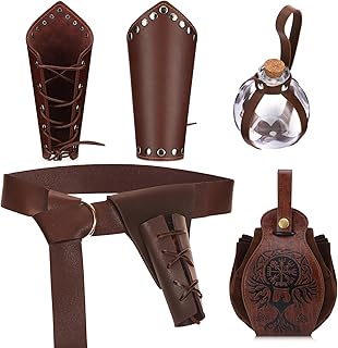 Jeyiour 6 Pcs Medieval Belt Renaissance Accessories Halloween Viking Leather Belt Pouch Arm Guard Dagger Cover Belt Cork P...