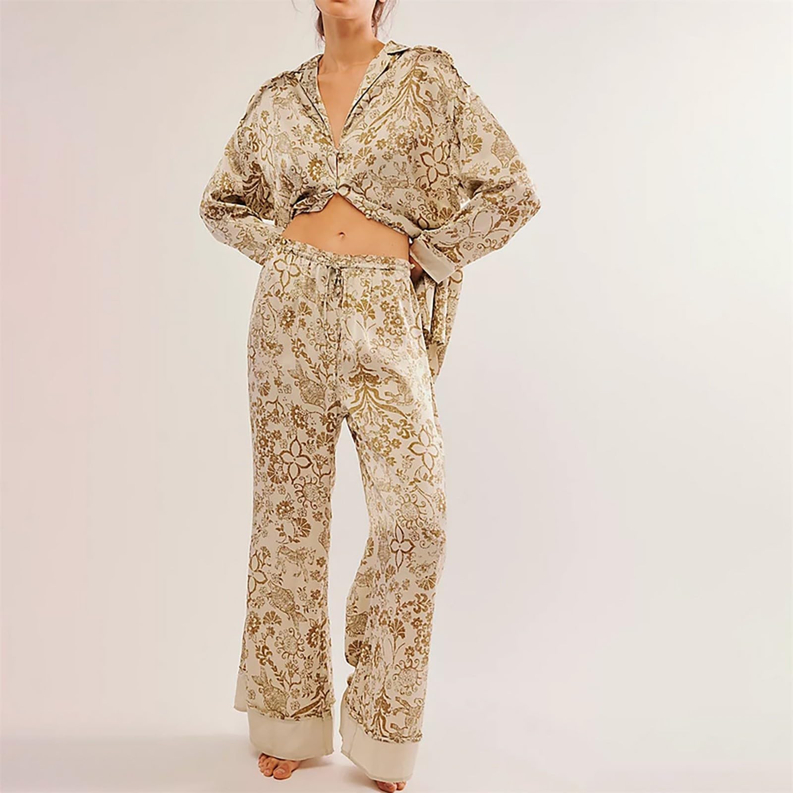 Générique Pantaloni Pigiama Stampati Donna Raso Pigiama Donna Seta Manica Lunga 2026 Nuovo Set con Motivo Loungewear Casual Ampia Biancheria Da Notte Sottile Leggero Pantaloni Fluidi T-shirt
