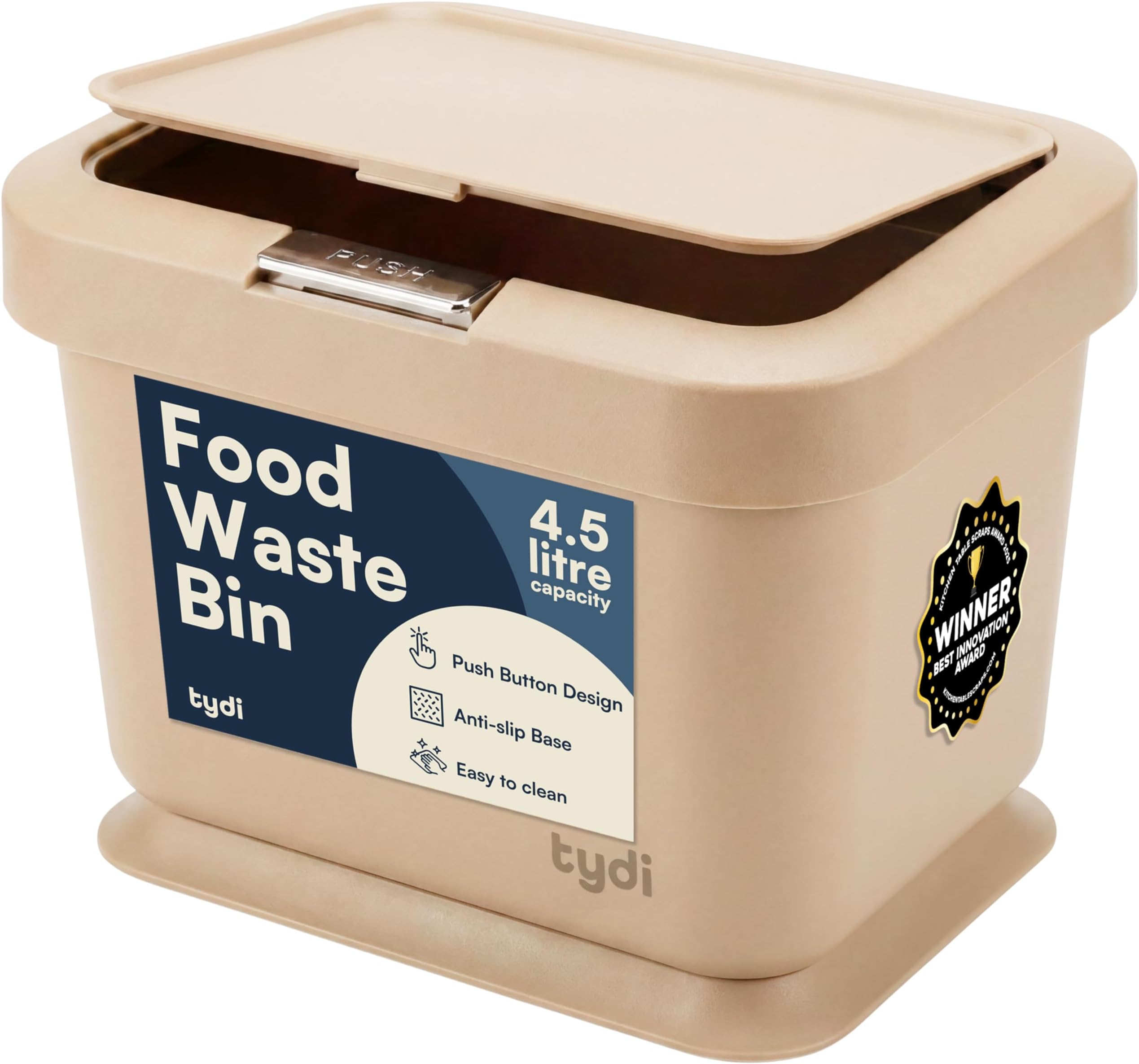 Tydi 4.5L Food Waste Bin with Press-Button Lid – Compost Bins for Kitchen - Anti-Slip Base and Secure Lid Kitchen Compost – Small Indoor Caddy for Cupboard or Countertop – Taupe