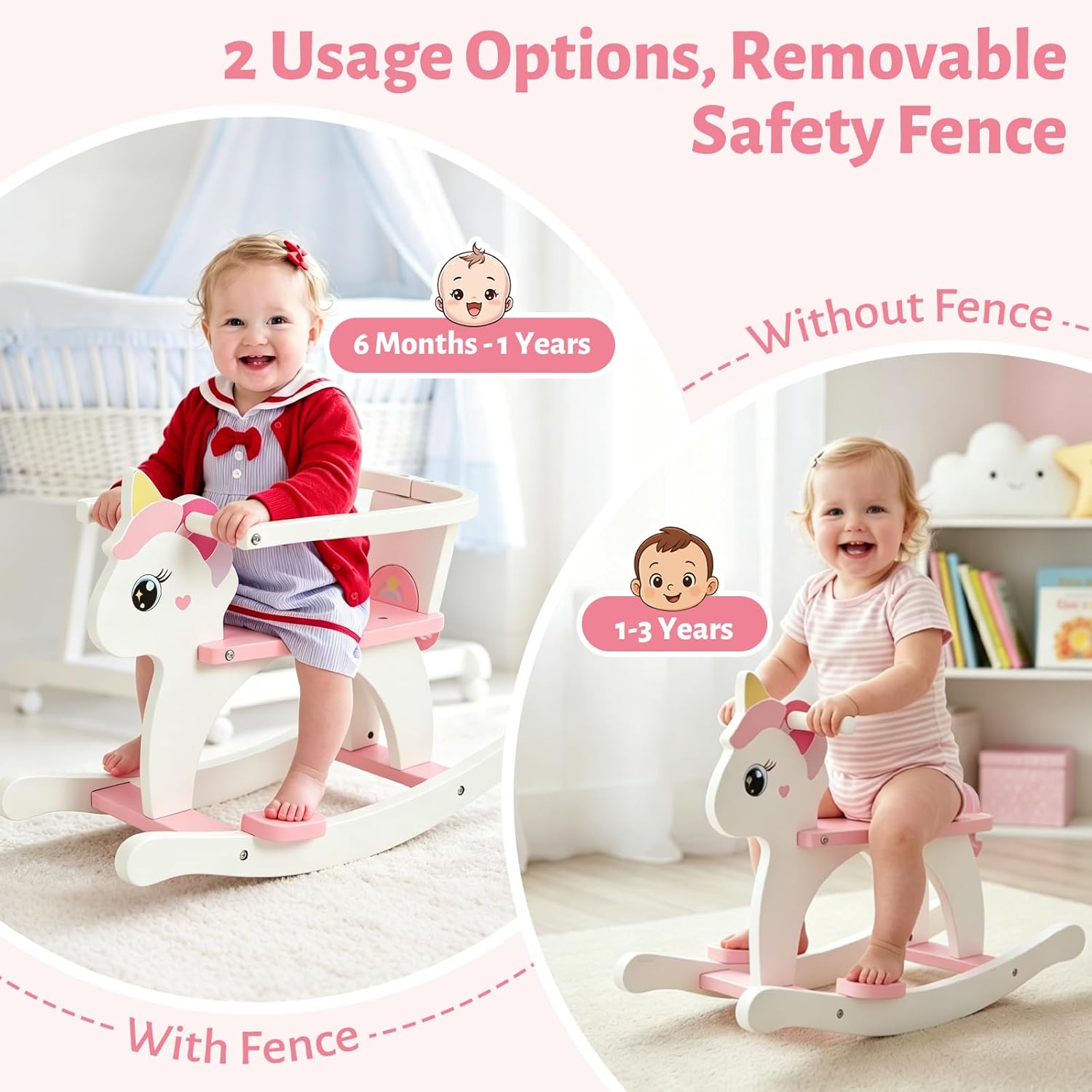 FUNLIO Wooden Unicorn Baby Rocking Horse Ages 0.5-3, Cute Baby Rocking Horse with Removable Fence & Backrest, Easy to Assemble Toddler Wooden Rocking Horse, CPC & CE Certified - Pink