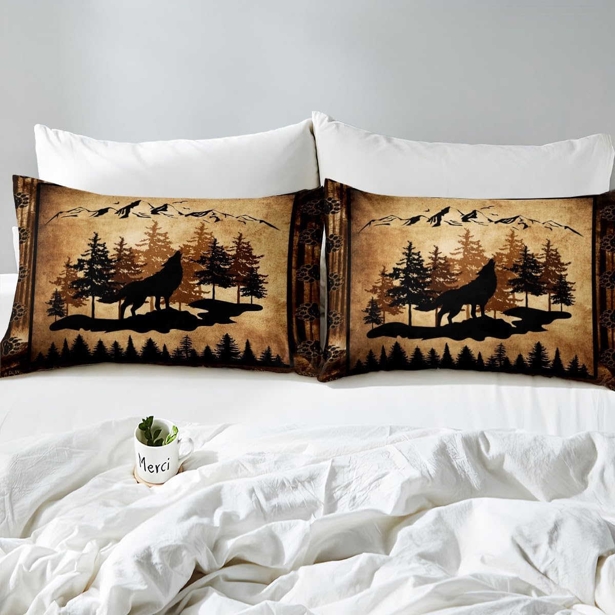 Jungle Wolf Toddler Duvet Cover 2 Pcs,Lodge Cabin Wild Animal Paw Print Bedding Sets for Kids Teens Adults,Sketch Mounrain Pine Trees Rustic Quilt Cover with 1 Pillowcase,No Comforter