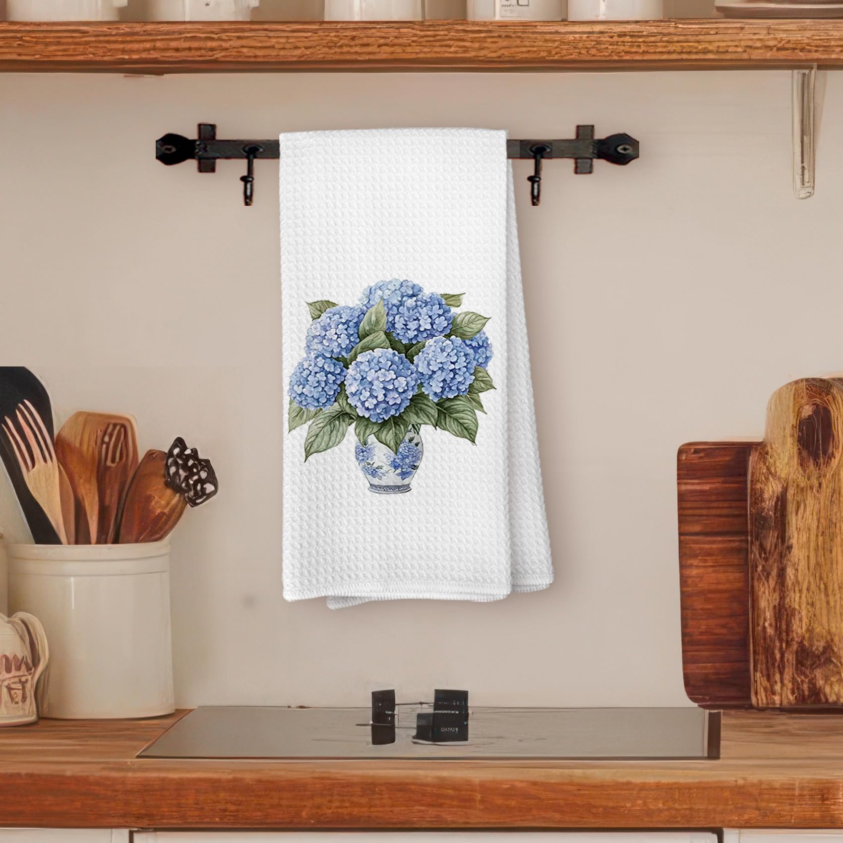 Chinoiserie Hydrangea Floral Kitchen Dish Towels for Kitchen Decor, Blue and White Chinoiserie Vase Hydrangea Floral Hand Towels for Bathroom Decor, 16x24 Inches