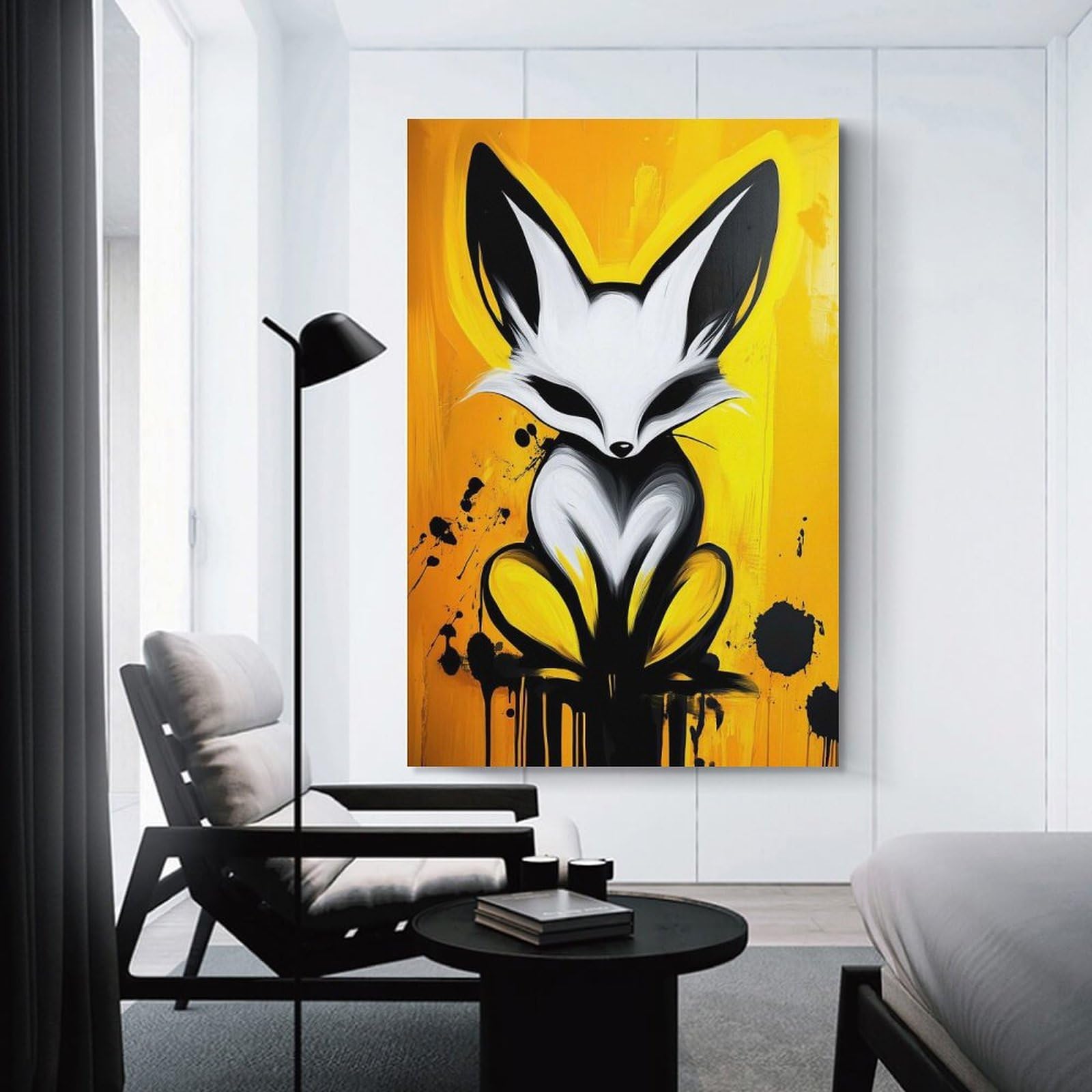 Junmoney White Fox on Yellow Background Room Decor Wall Art, 24x36inch(60x90cm), for Bedroom Walls, Guest Spaces Or Lounges, Stylish Decor for A Restful Room Update