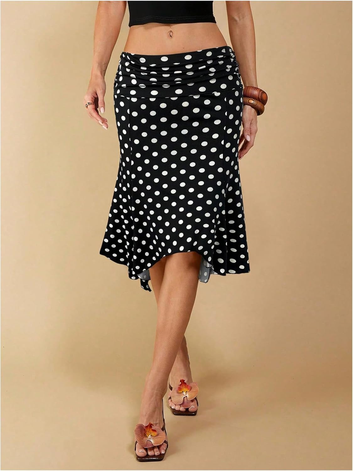 Milumia Women's Y2k Polka Dots Ruched Ruffle Skirt Low Waist Asymmetrical Bodycon Midi Skirts - Image 4