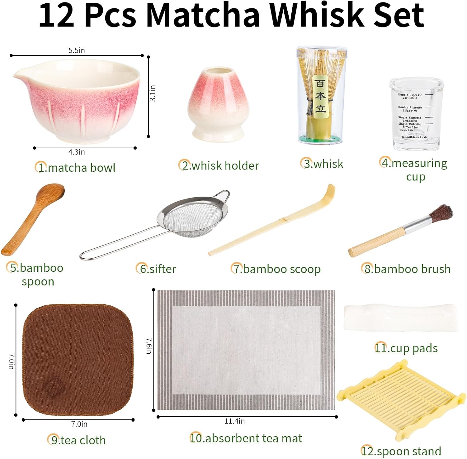 12 Pcs Matcha Whisk Set - Matcha Set Includes Ceramics Matcha Bowl and Cup, Matcha Kit for Ceremony Making Tools, Gift for Family/Friend （Gradient pink）
