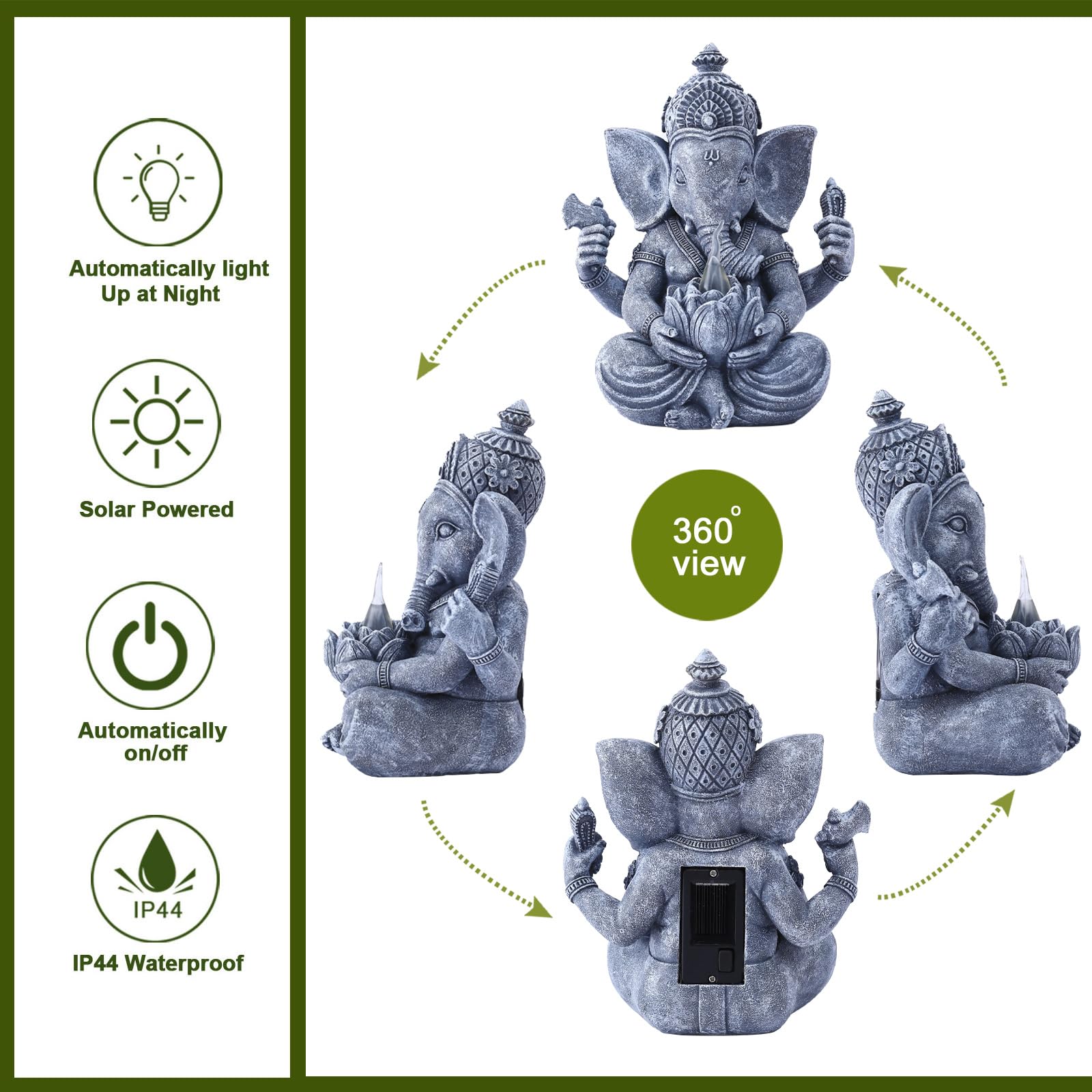 Yeomoo Statue Ganesh avec Lotus LED Solaire Décoration Zen Jardin Salon