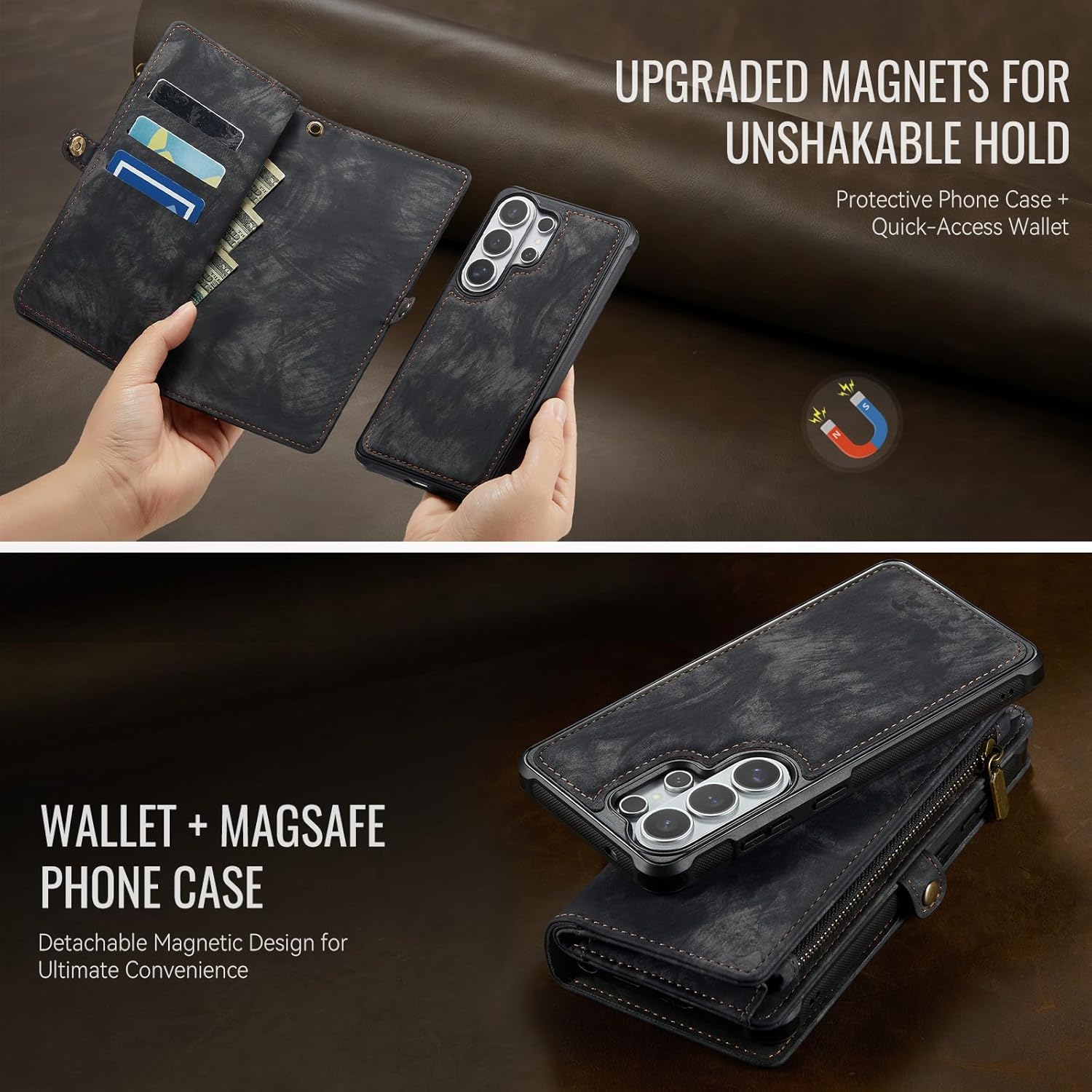 Phone Case for Samsung Galaxy S26 Ultra 5G Zipper Wallet Magnetic Detachable Cover with MagSafe Screen Protector and Flip Card Holder Cell S26Ultra 26S S 26 26Ultra SM-S948U 6.9 inch Women Men Black