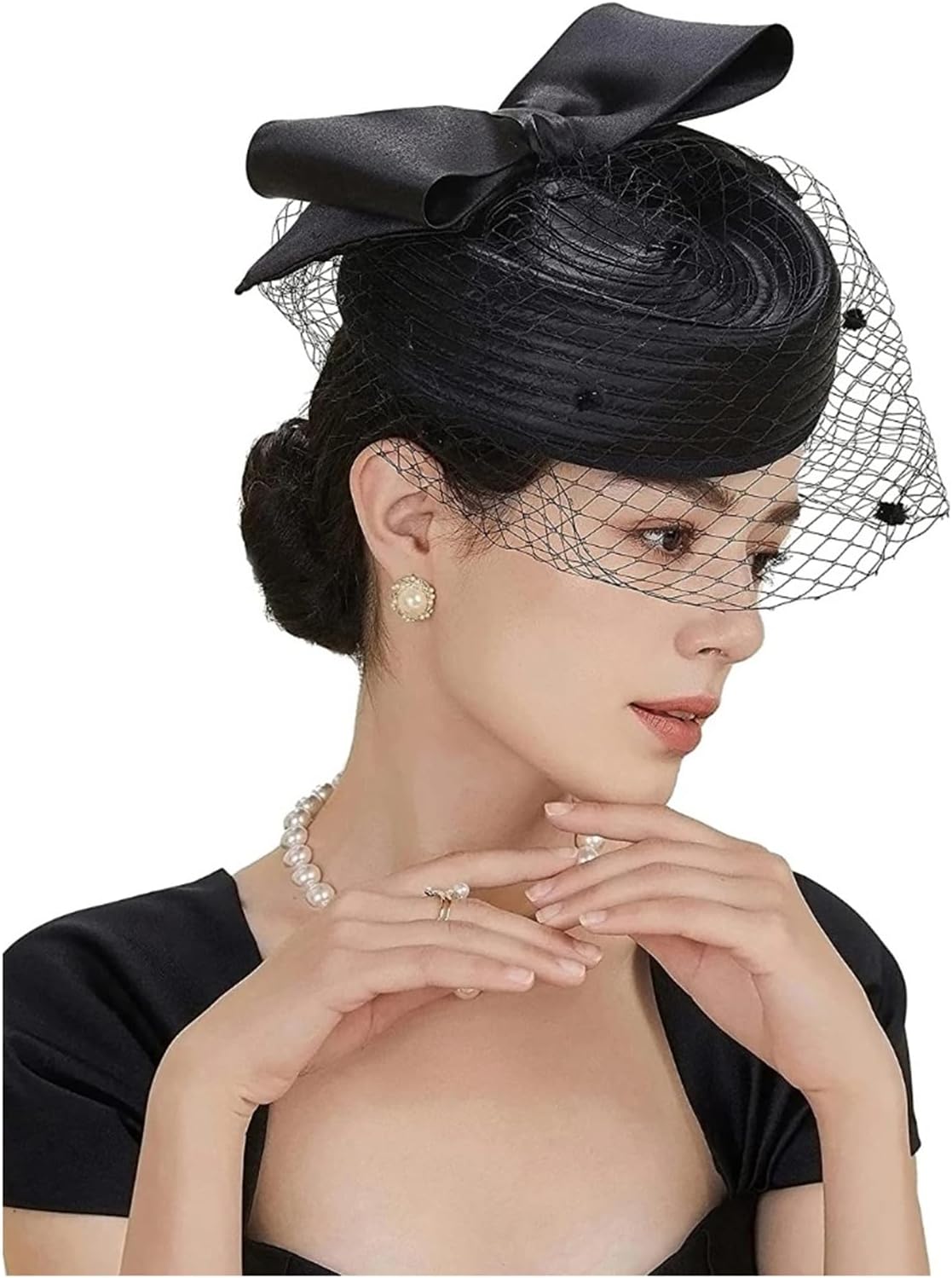 Women Elegant Hat Fascinator Tea Party Veil Satin Pillbox Hat Fascinator Caps