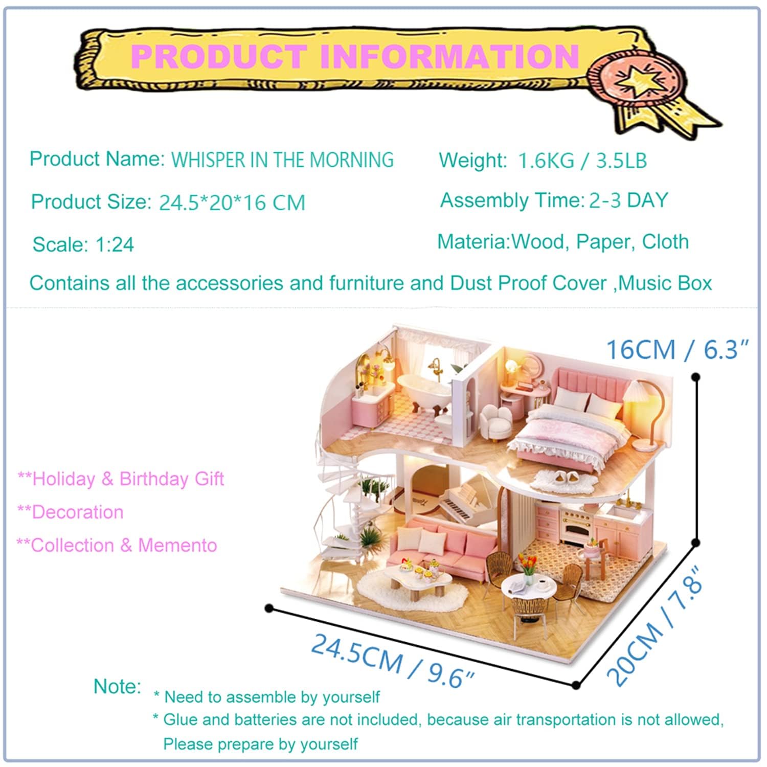 Roroom DIY Miniature and Furniture Dollhouse Kit,Mini 3D Wooden Doll House Craft Model with Dust Proof Cover and Music Movement,Creative Room Idea for Valentine's Day Birthday Gift(L-033)