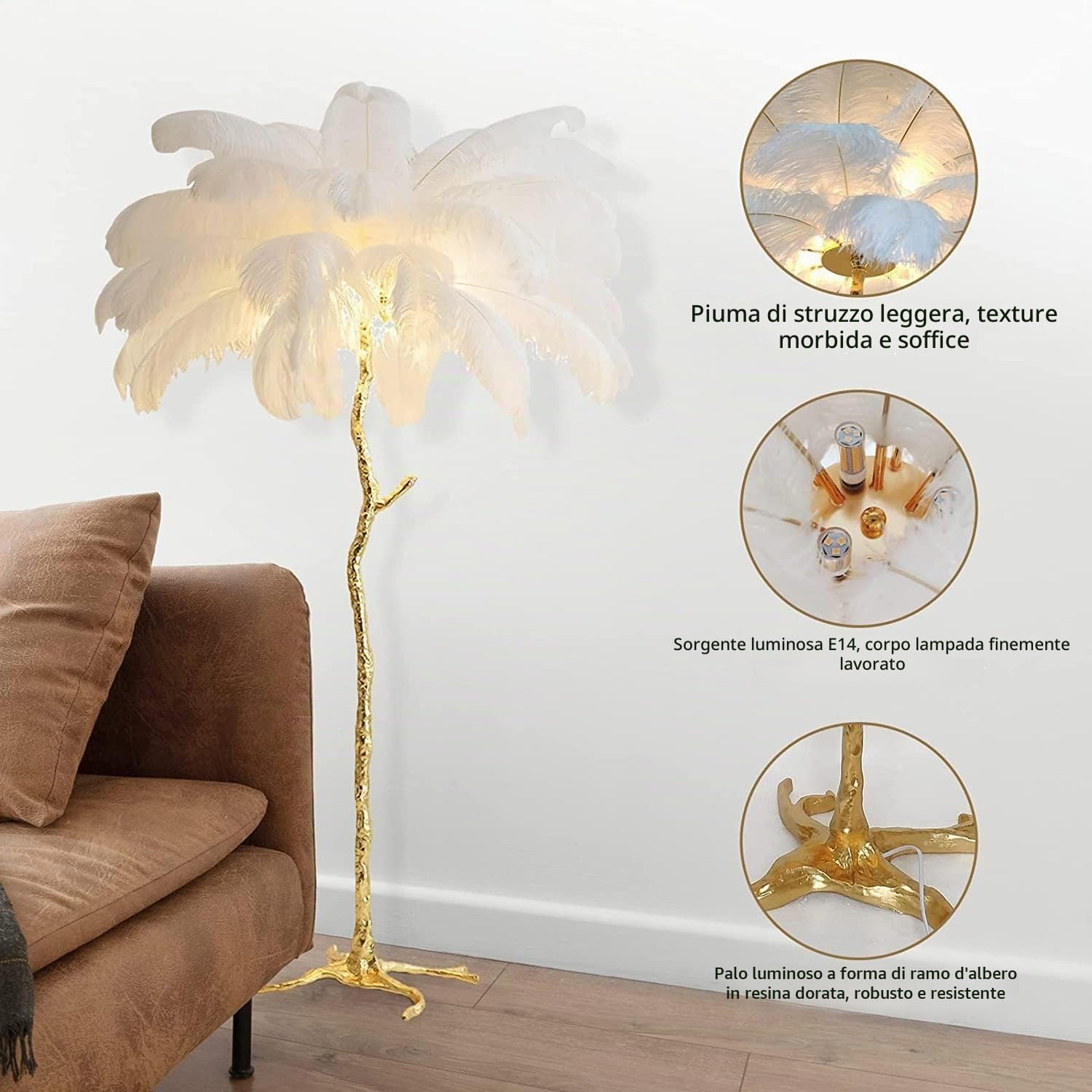Piantana Lampada da terra di piume di struzzo,Lampada da Terra A Luce Soffusa Lampada Orientabile,lampada da terra moderna in piedi lampada da comodino romantica decorazione,White-170CM