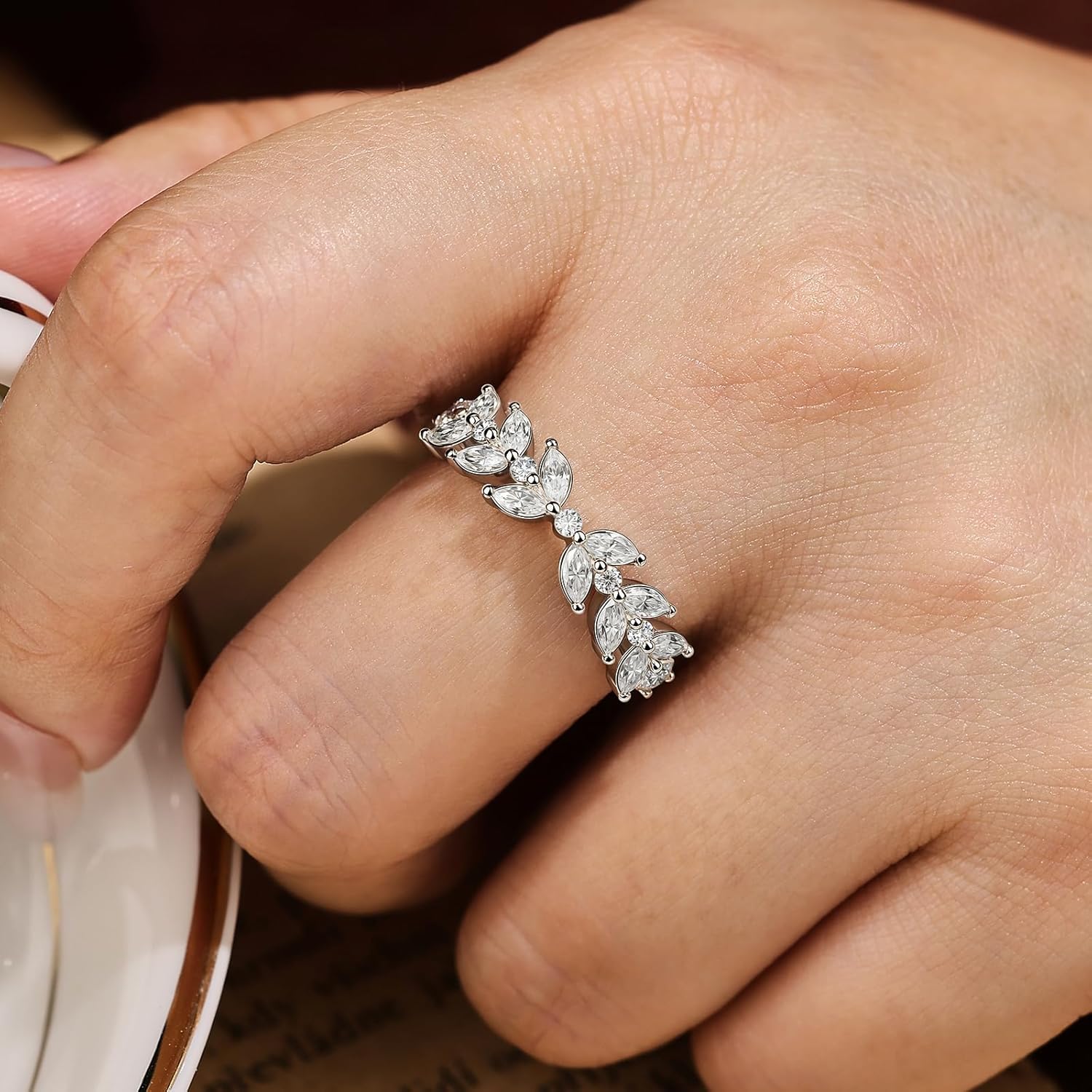 Wuziwen Marquise Moissanite Wedding Bands for Women Eternity Ring Engagement Rings for Her D Color VVS1 925 Sterling Silver