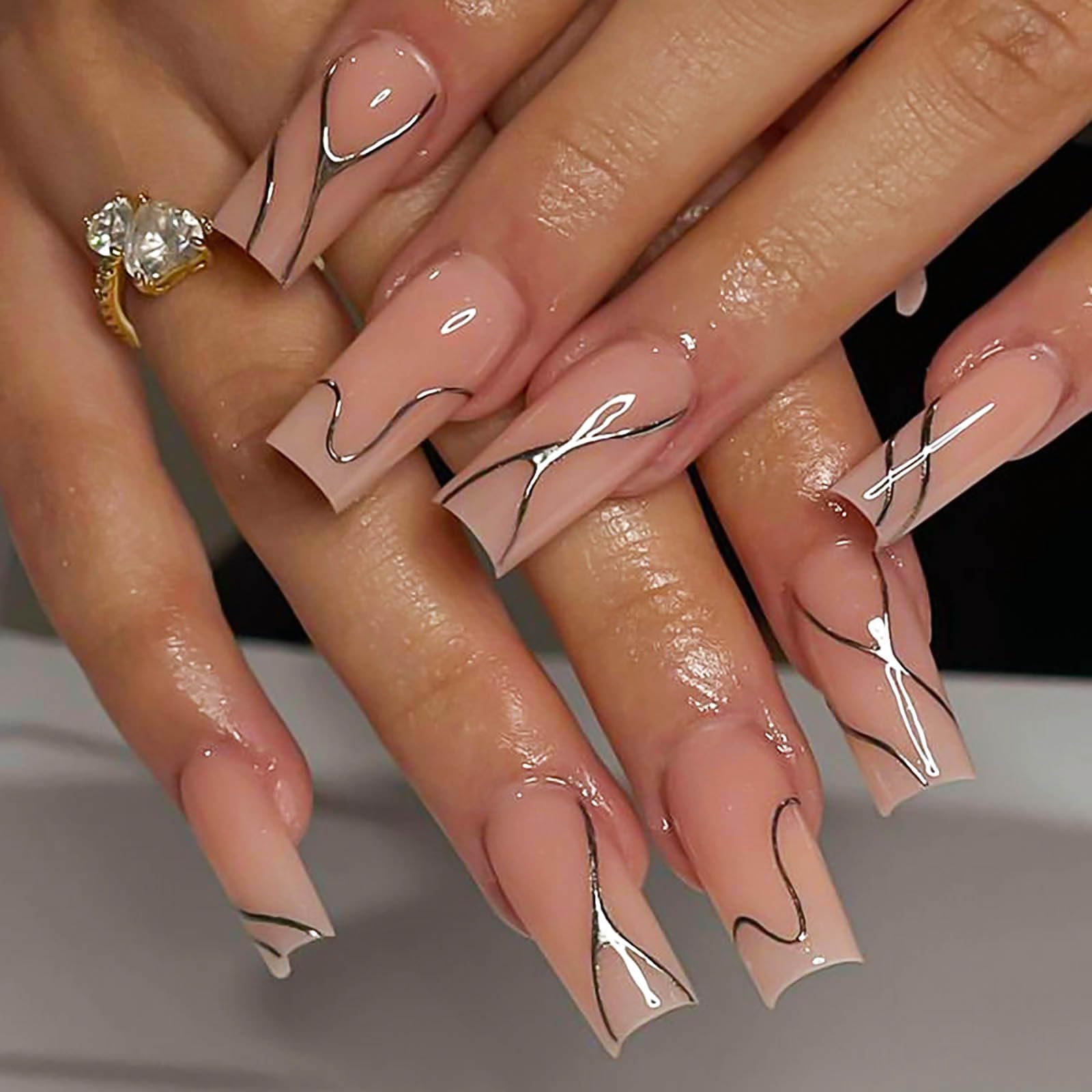 RUOKEXIN Long Press on Nails Square Fake Nails Nude False Nails with Silver Lines Designs Long Square Nail Press ons Long Glue on Nails Sparkly