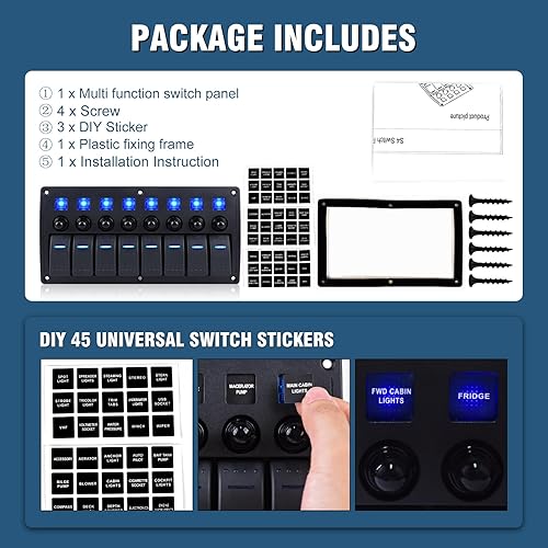 Miniatura 6 de GGTA Panel de interruptor de palanca impermeable de 8 bandas, 12 V24 V, 3 pines, panel de interruptor marino con disyuntor de luz LED, panel de