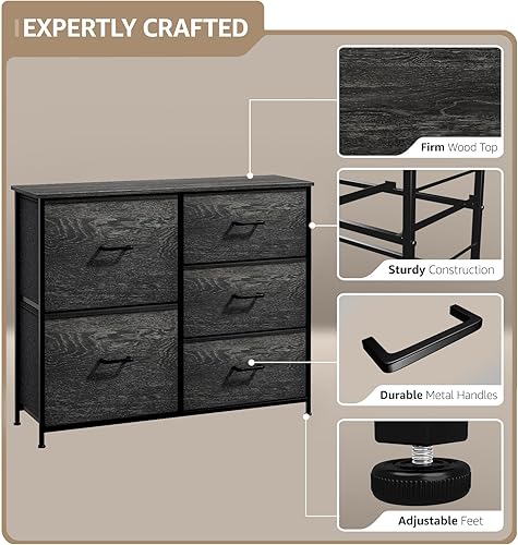 Miniatura 4 de Sorbus Cómoda con 5 cajones de madera sintética, organizador de almacenamiento para ropa, dormitorio, pasillo, sala de estar, armario y muebles de