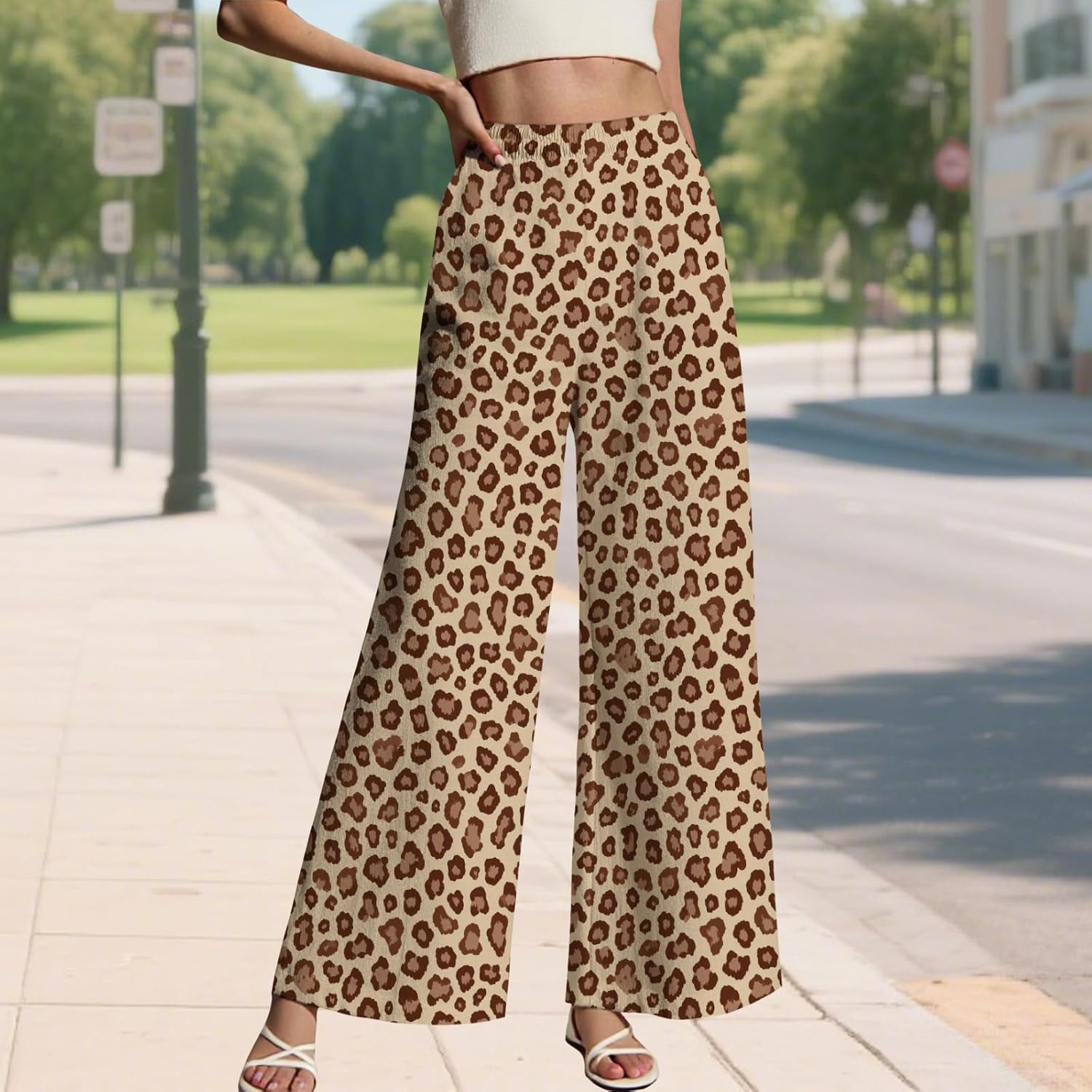 LIZALIG Women's Leopard Print Pants High Waist Wide Leg Trousers with Elastic Waistband Casual Loose Fit Pockets - Image 2