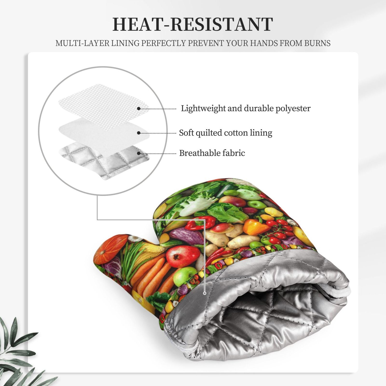Set di quattro guanti resistenti al calore e presine, guanti da cucina antiscivolo, guanti da forno, con stampa di frutta e verdura fresca.