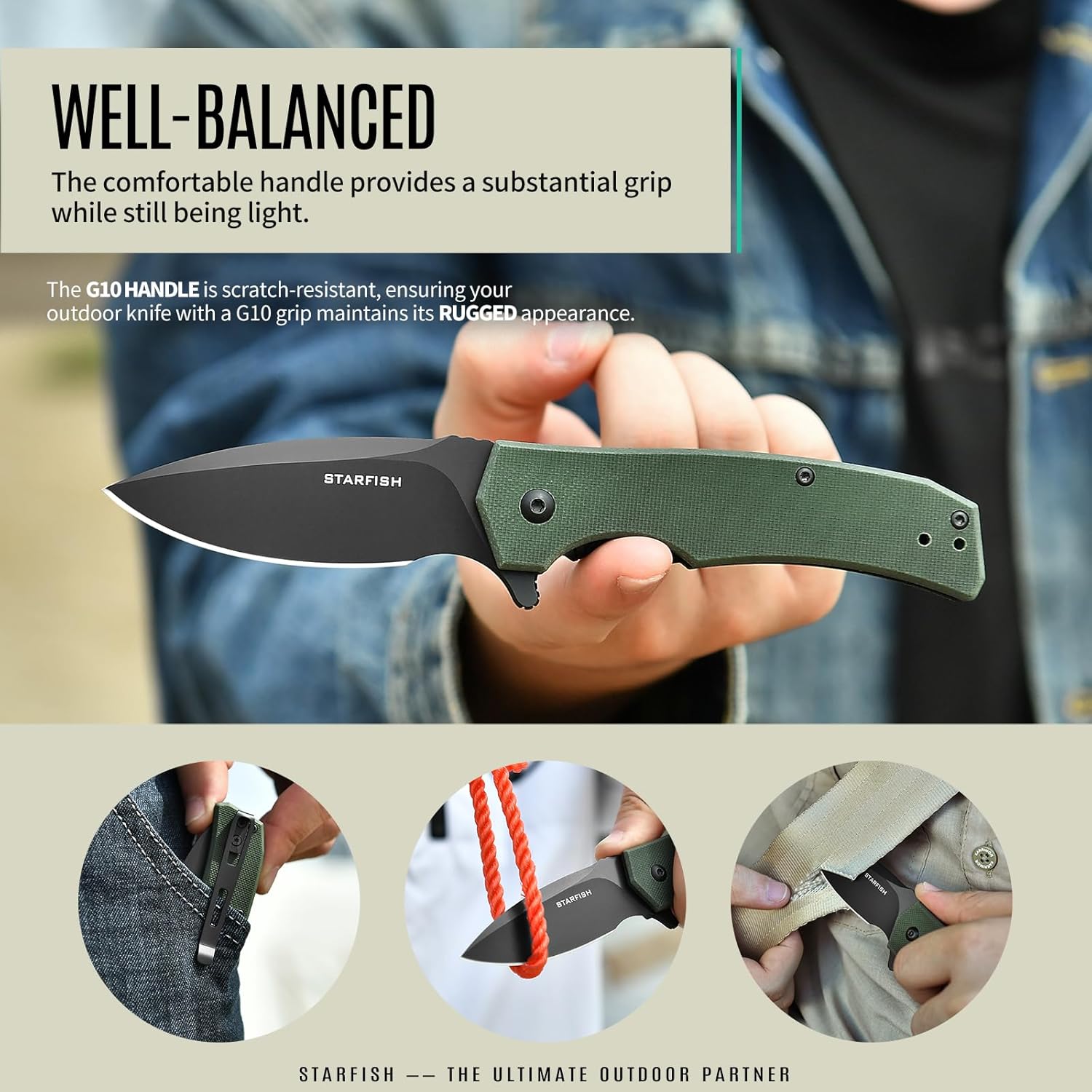 STARFISH Folding Knife, 2.9" DC53 Steel PVD Titanium Coating Blade Pocket Knife with G10 Handle and Clip Lightweight Sharp Camping Hiking Daily Work Knives(green)