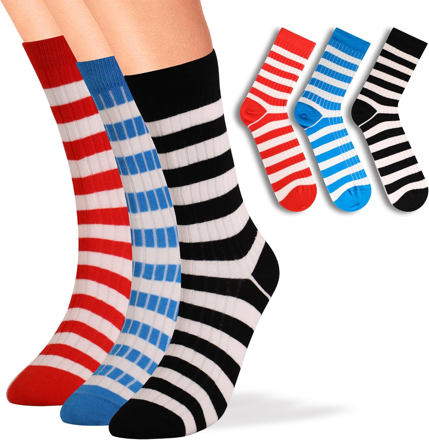 Women Cotton Crew Socks Size 6–9, Normal Sole Socks with Colorful Striped Cuff and Contrast Design in Red Blue Black, Soft Breathable,3 Pairs (Red, Blue, Black, Size 6–9)