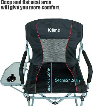 iClimb Heavy Duty Compact Camping Folding Mesh Chair with Side Table and Handle