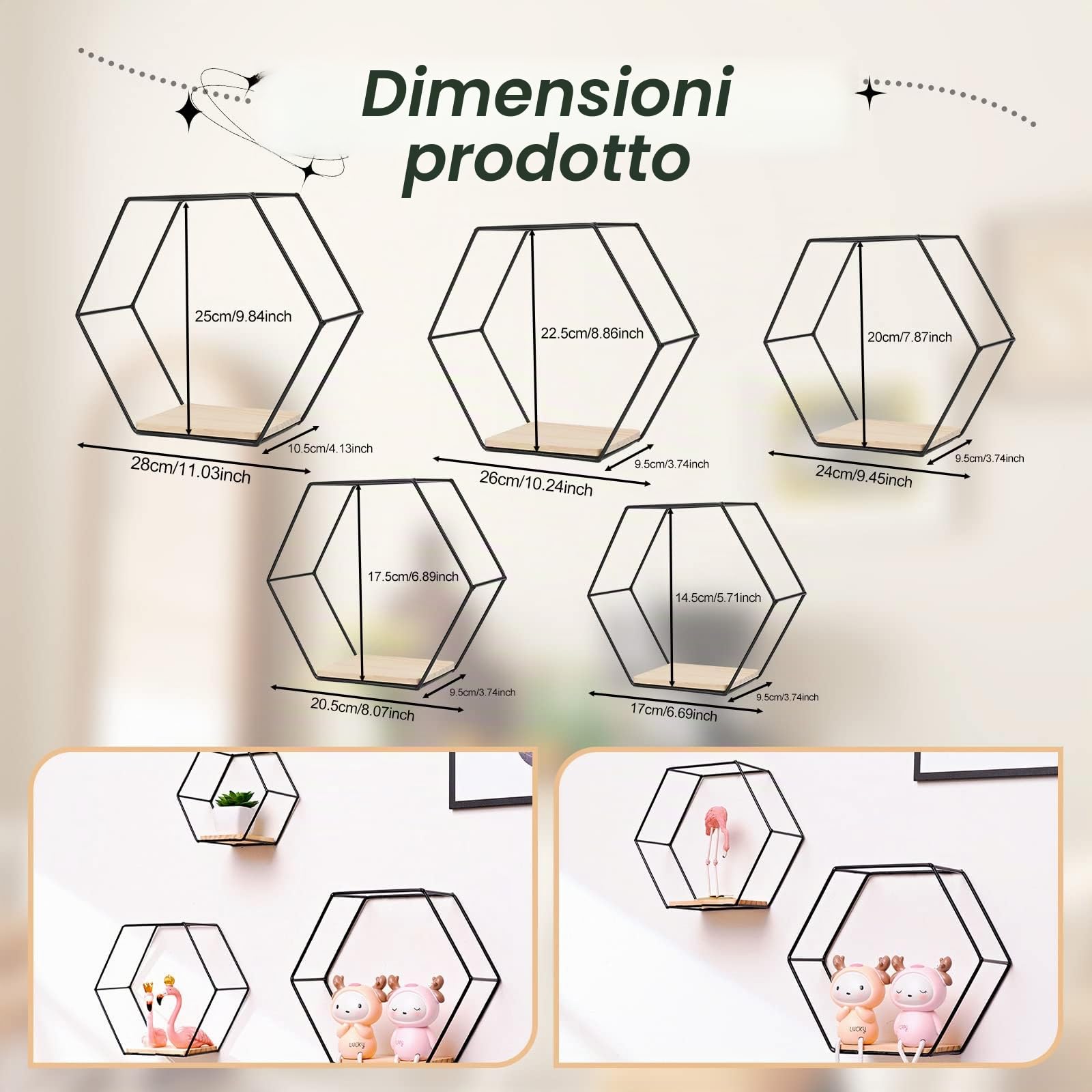 Set di 5 mensole da parete esagonali in ferro, scaffali metallici per cucina, bagno, soggiorno, camera da letto, ufficio, scaffale in metallo galleggiato, visualizzazione pianta, libri (nero 5)