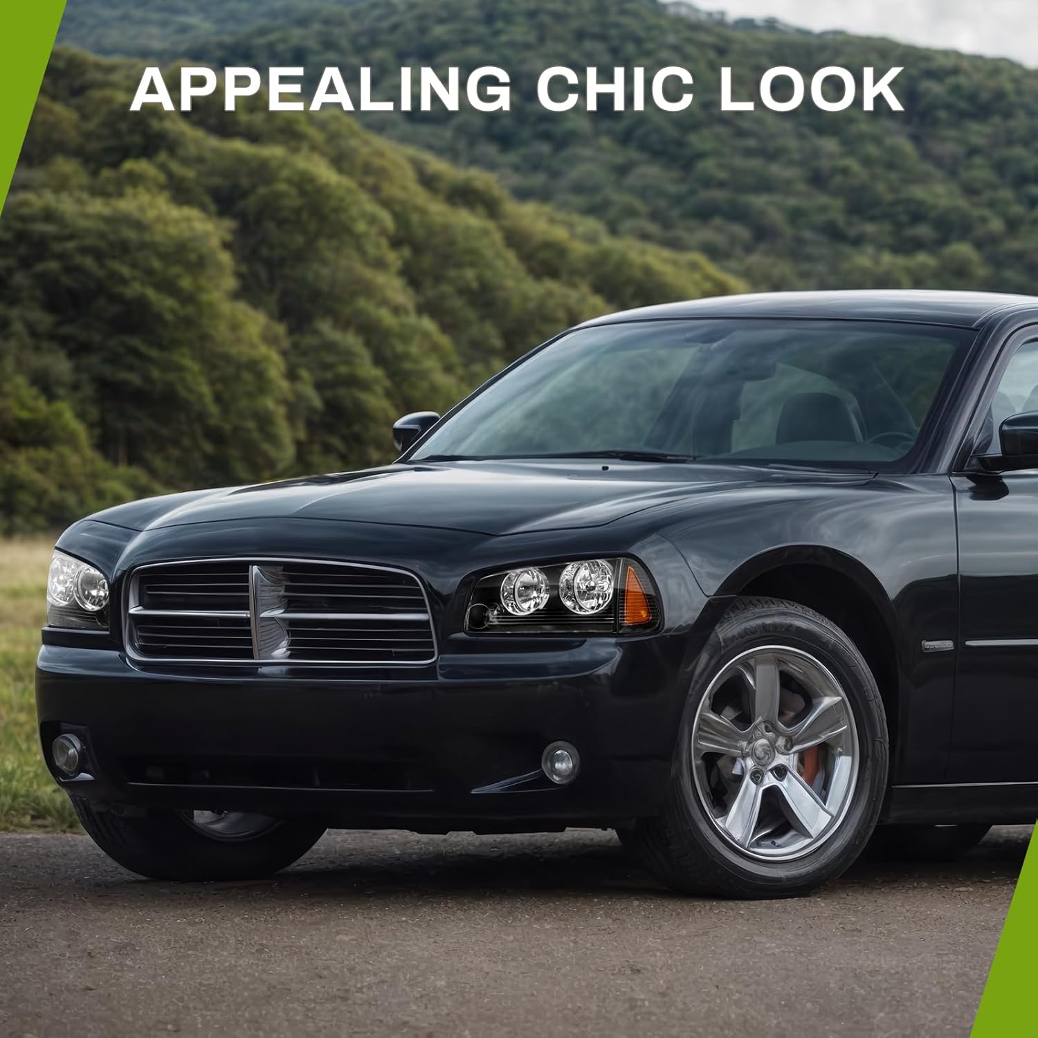 AUTOSAVER88 Headlight Assembly Compatible with 2006-2010 Dodge Charger Black Housing Amber Reflector with Corner Signal Lights